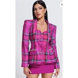 Luxedress Opal Blazer Pink Plaid Lined Rhinestones Pockets Retail $167 Size M